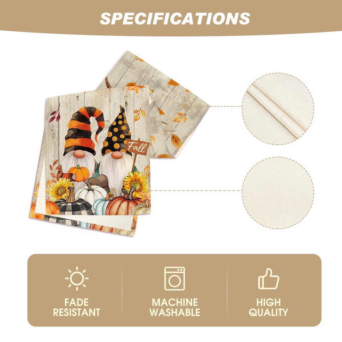 Wood Gnomes Pumpkins Sunflower Leaves Fall Table Runner, Seasonal Autumn Kitchen Dining Table Decoration for Home Party Decor 13x72 Inch