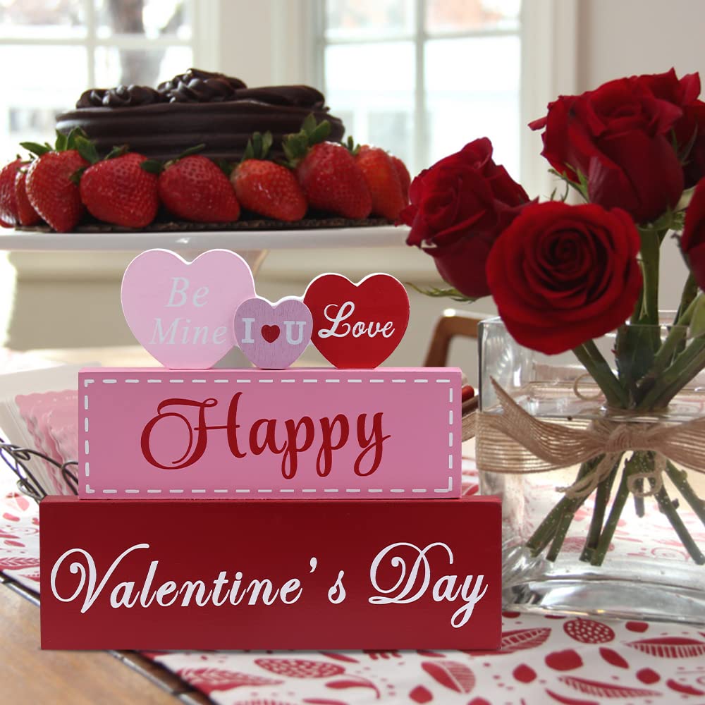 Valentines Day Decor, 3-Layered Pink Red Heart Wood Block Set Valentines Day Decoration, Happy Valentine's Day Sign Valentines Day Decorations for The Home, Living Room, Mantle, Dining Table
