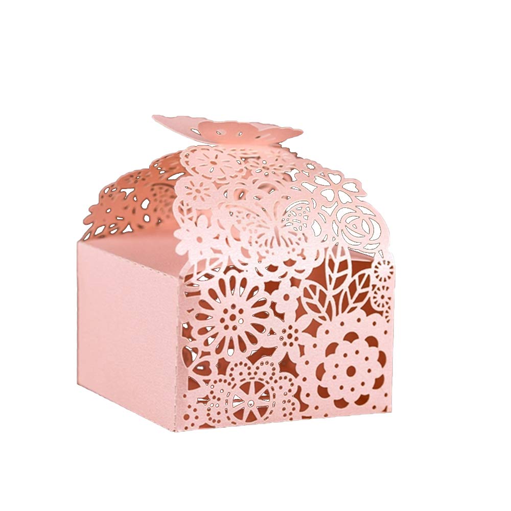KAZIPA 50pcs Laser Cut Butterfly Favor Boxes, 2.6" x 2.6" x 1.6" Floral Favor Boxes, Party Favor Boxes for Bridal Shower Anniversary Wedding Party Favor, Pink