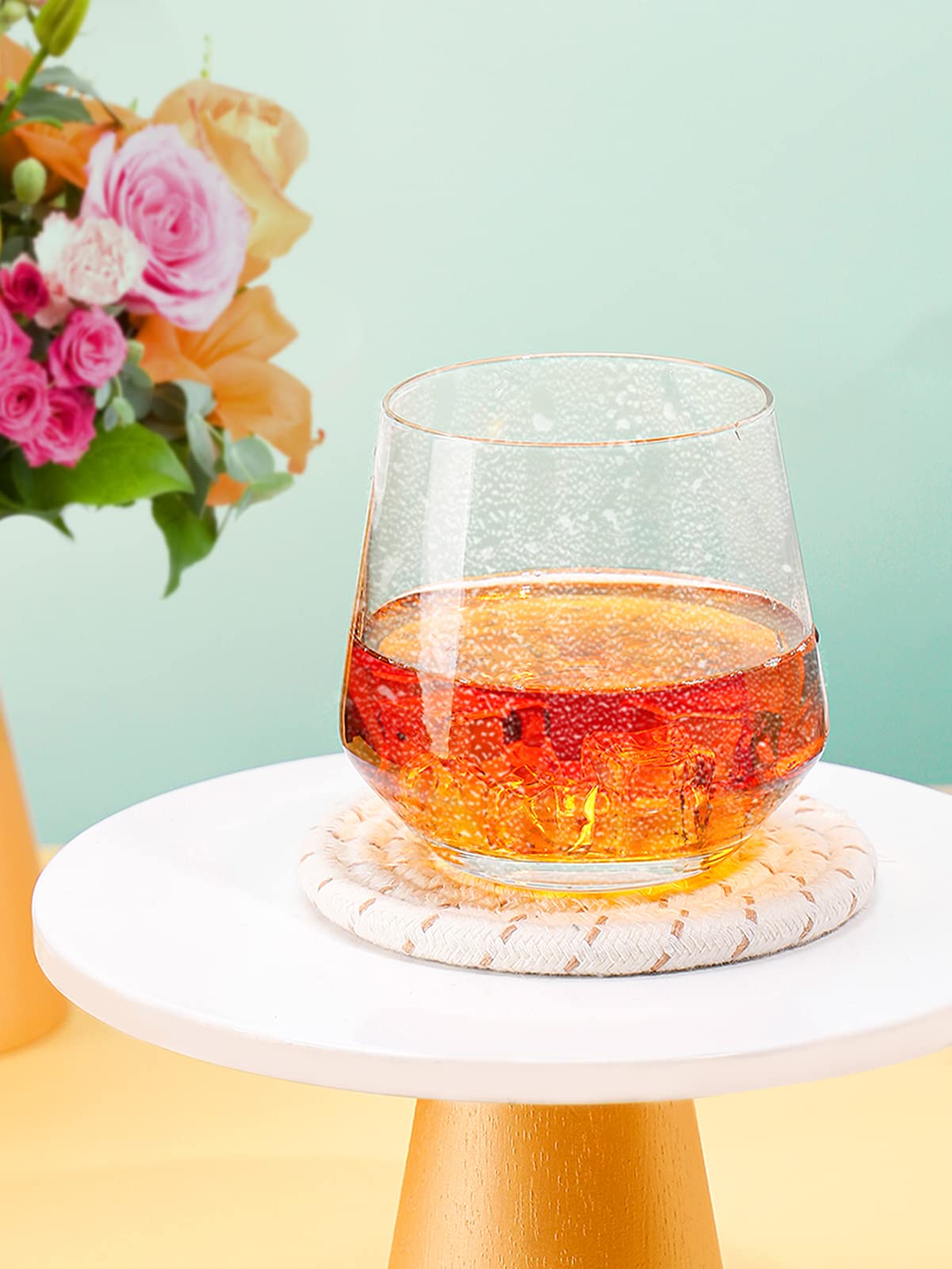 Handmade Woven Drink Coasters, 8 Pcs BOHO Coasters for Home Decor, Absorbent Farmhouse Cotton Table Coasters for Kinds of Cups New House Gift (4.3in, Yellow/Brown/White)