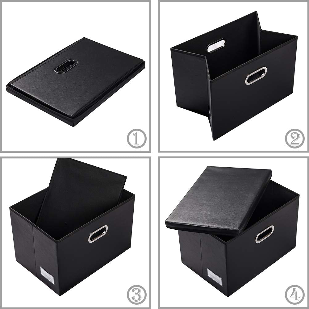 Large Collapsible Storage Bin with Lid [1-Pack] Leather Fabric Foldable Storage Box Organizer Containes Basket Cube with Cover for Home Bedroom Closet Office Nursery Black (17.7x11.8x11.8)