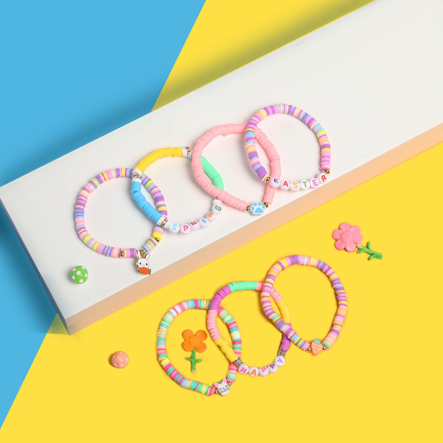 7pcs Easter Heishi Bracelets Polymer Clay Elastic Bracelet Man Woman Party Easter Bunny Egg Bracelets (Easter Happy Bracelet)