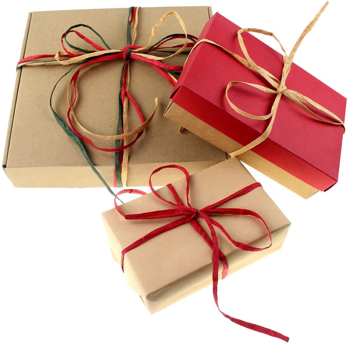 CREATRILL 3 Rolls Red Green Kraft 1/4" by 492 Feet Raffia Ribbon/String, 164 Feet Each Roll, Packing Paper Twine for Christmas