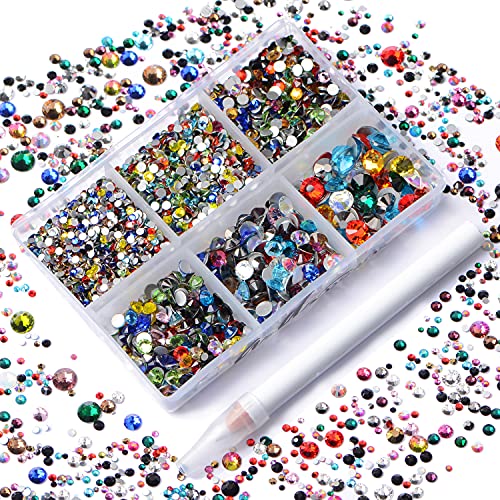 AD Beads 4300 Pieces Flat Back Nail Art Rhinestones Round Beads 6 Sizes (2-6.5mm) with Storage Organizer Box,Rhinestones Picking Pen for Nail Art Phone Decorations Crafts DIY (Mixed Color)