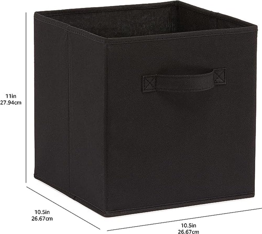 Amazon Basics Cube Organizer Storage Bins Handles, Collapsible Fabric, Pack of 6, 10.5"x10.5"x11", Black