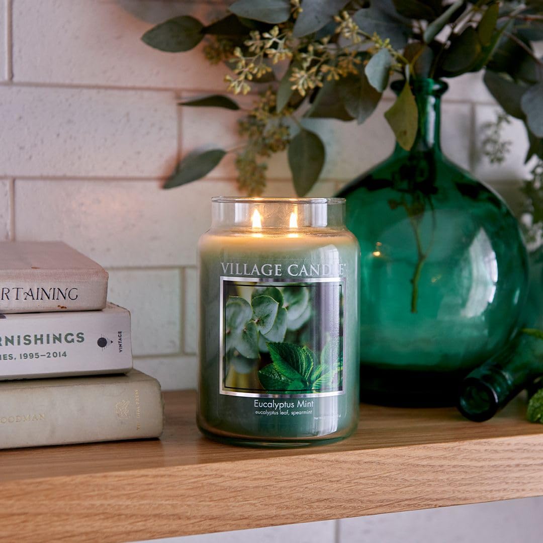 Village Candle Eucalyptus Mint Large Glass Apothecary Jar, Scented Candle, 21.25 oz, Green