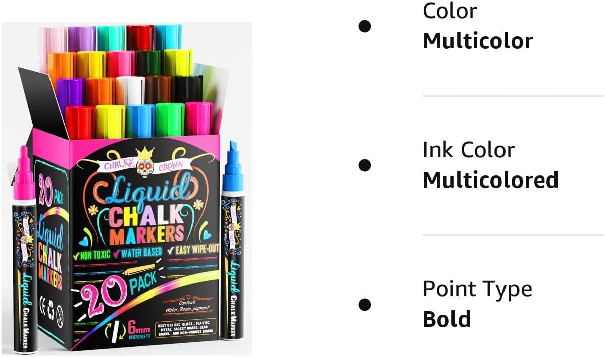 CHALKY CROWN Bold Chalk Markers - Dry Erase Marker Pens - Liquid Chalk Markers for Chalkboards, Signs, Windows, Blackboard, Glass - Reversible Tip (20 Pack) - (Multicolored, 6mm)