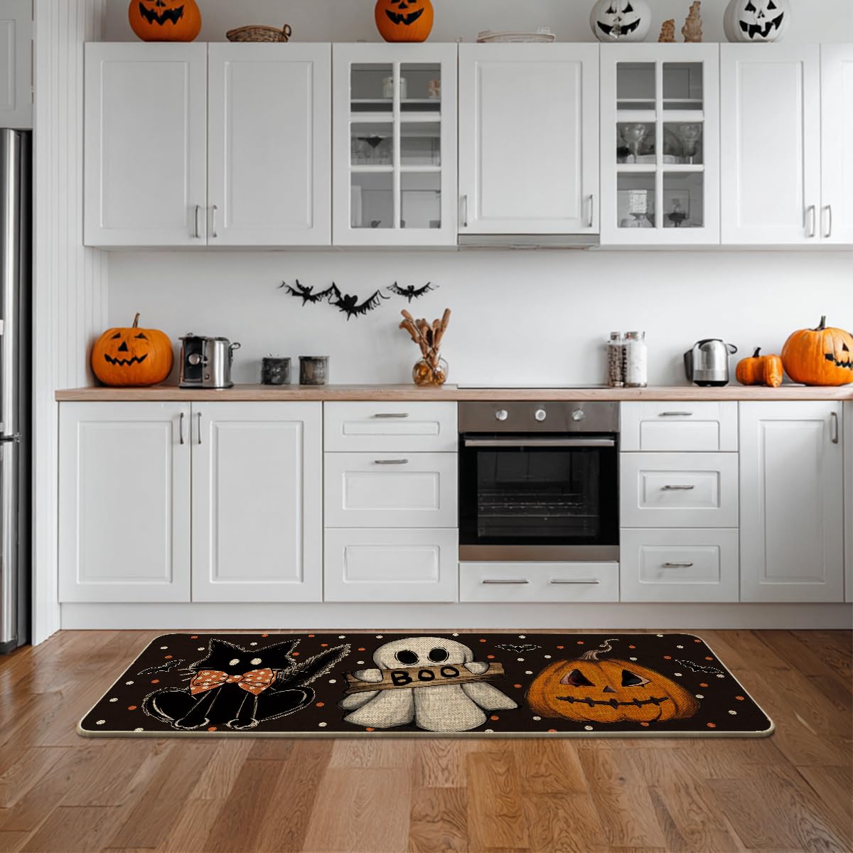 Artoid Mode Black Cat Jack-O'-Lantern Ghost Pumpkins Halloween Doormat, Seasonal Low-Profile Floor Switch Mat for Indoor Outdoor 17x47 Inch