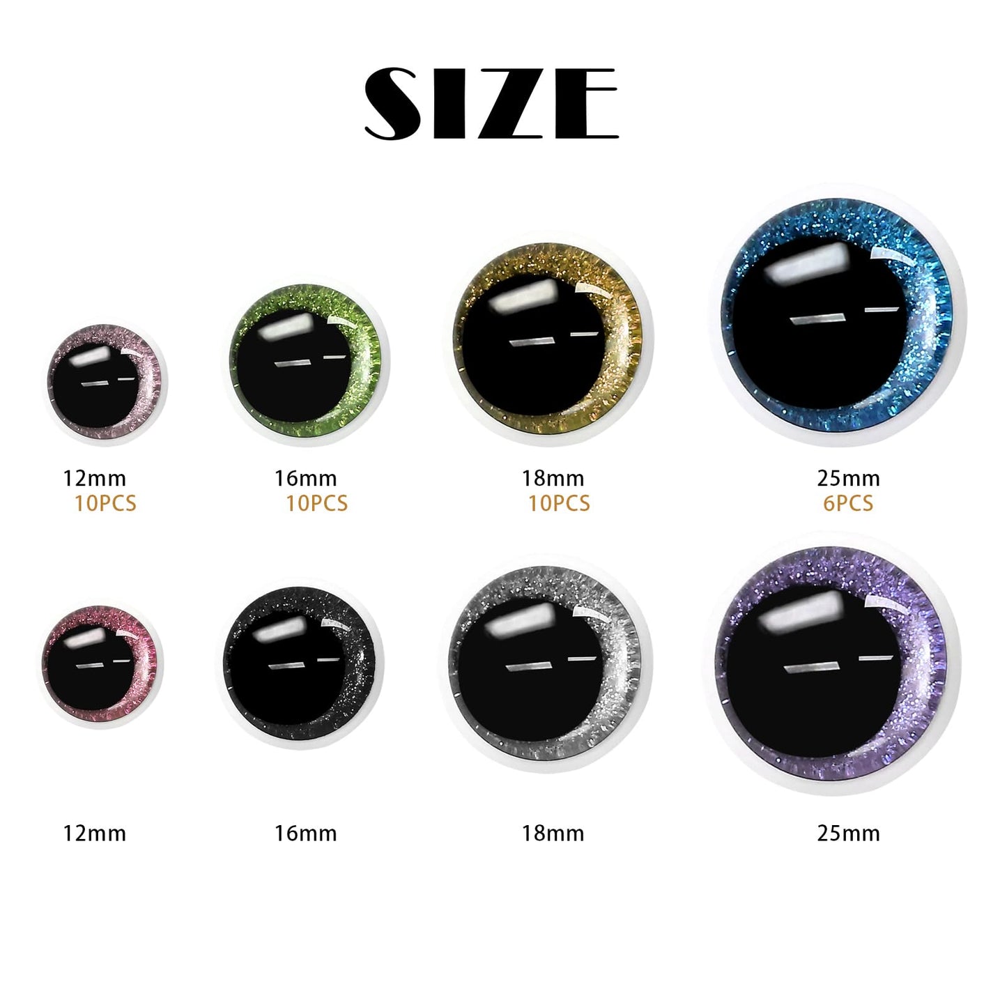 Buyongwant Safety Eyes for Crocheting with Washers, 12-25mm Amigurumi Eyes 3D Glitter, 72Pcs Moon Stuffed Crochet Eyes for Animal Doll Crafts, Multicolor