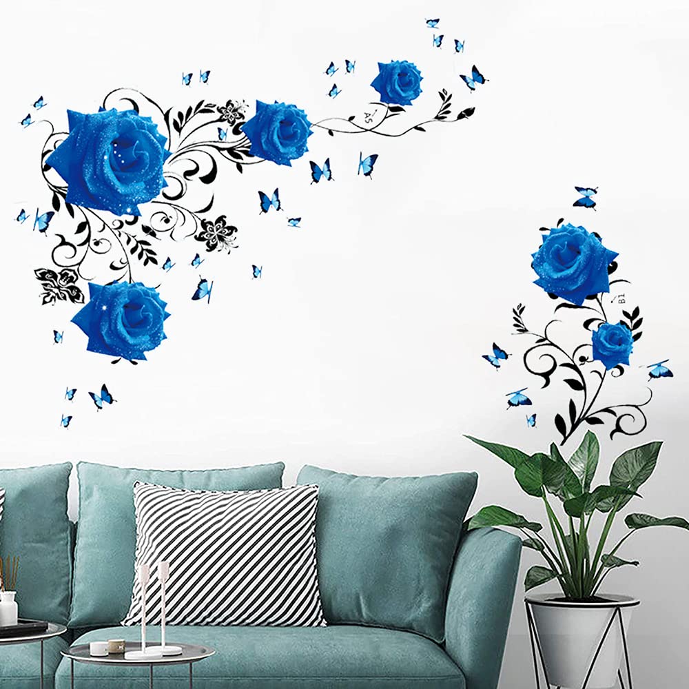 Supzone Blue Rose Wall Stickers Rose Flower Vine Wall Decal Blue Peony Floral Wall Decor DIY Vinyl Mural Art for Bedroom Living Room Sofa Backdrop TV Wall Decoration