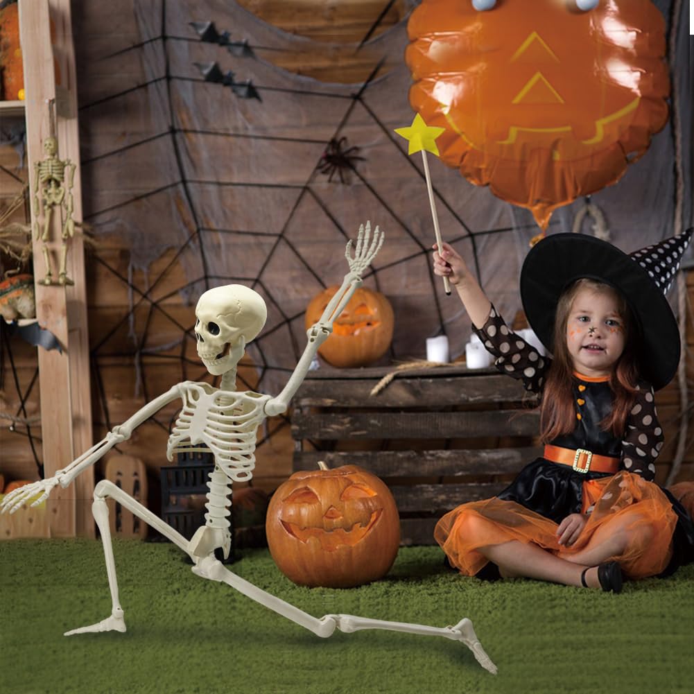 36in Skeleton Halloween Decorations, 3ft Full Body Posable Life Like Skeleton Realistic Human Plastic Bones with Movable Joints for Halloween Party Lawn Haunted House Decor