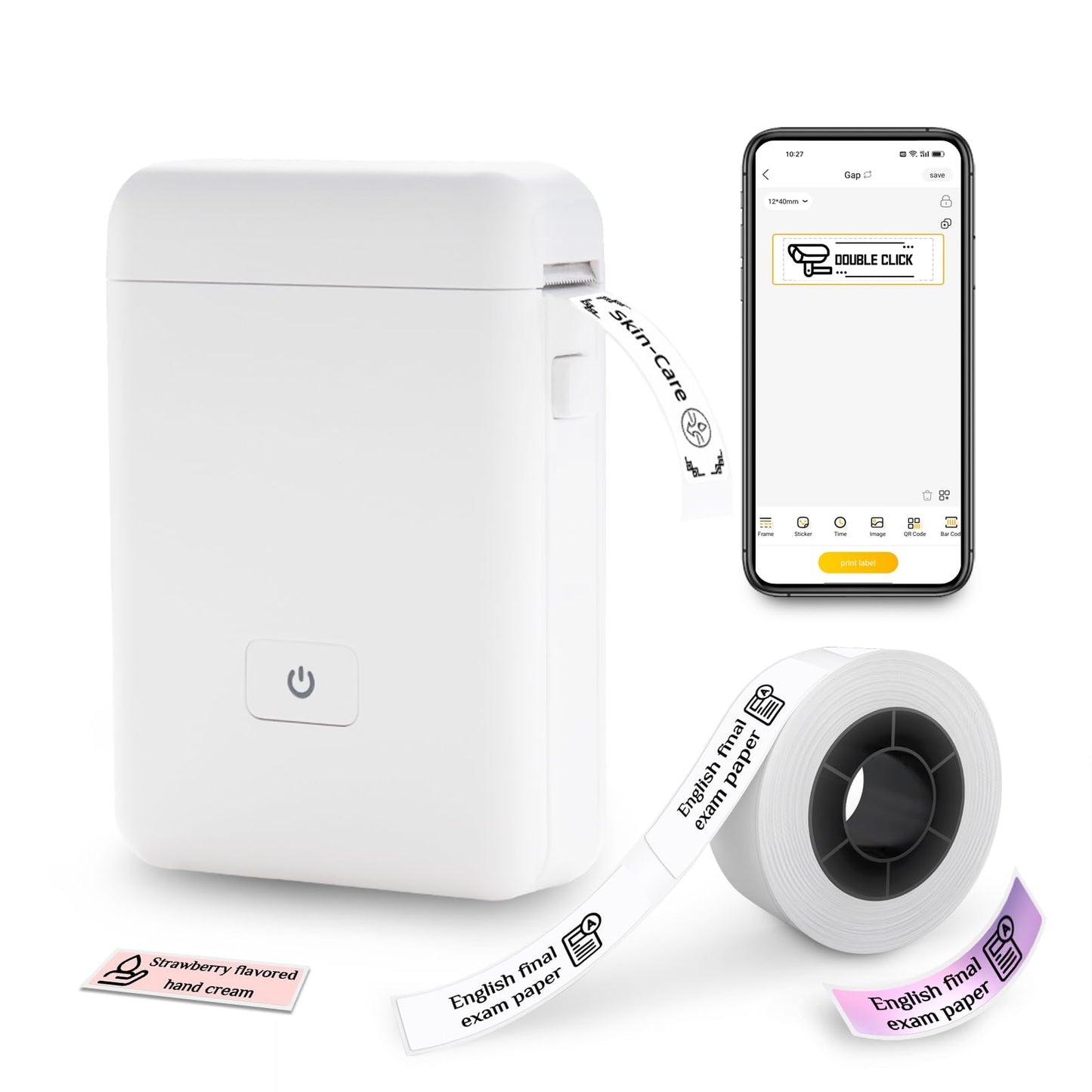 vretti Label Maker Machine with Tape, HP2 Portable Bluetooth Label Printer for Storage, Shipping, Barcode, Office, Home, Organizing Mini Sticker Label Maker with Multiple Templates (White)