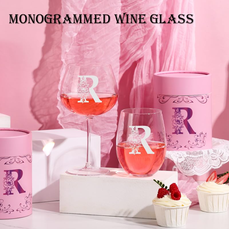 Physkoa Personalized Initial Wine Glass for Women - 20 oz Stemmed Monogrammed Glass, Customized Engraved Gift for Mom, Wife, Friend, Her - Birthday, Mother’s Day, Wine Lover Gift