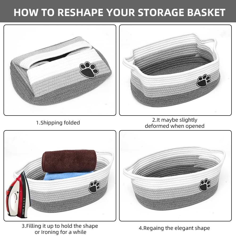 Small Woven Baskets for Organizing Rope Storage Basket with Handle Cute Cotton Basket for Nursery Gift Dog Toy Storage Bins for Toy Organizer Grey-white