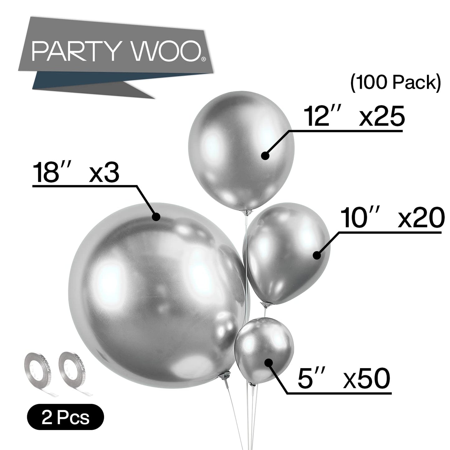 PartyWoo Metallic Silver Balloons, 100 pcs Silver Metallic Balloons Different Sizes Pack of 18 Inch 12 Inch 10 Inch 5 Inch Silver Balloons for Balloon Garland Arch as Party Decorations, Silver-G102