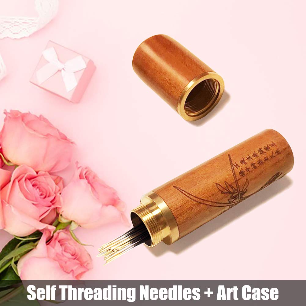 Self-Threading Needles, Sewing Needles, Needle Threader with Needle case Carving Pattern, Threaded from The top, Golden, 18 Pack
