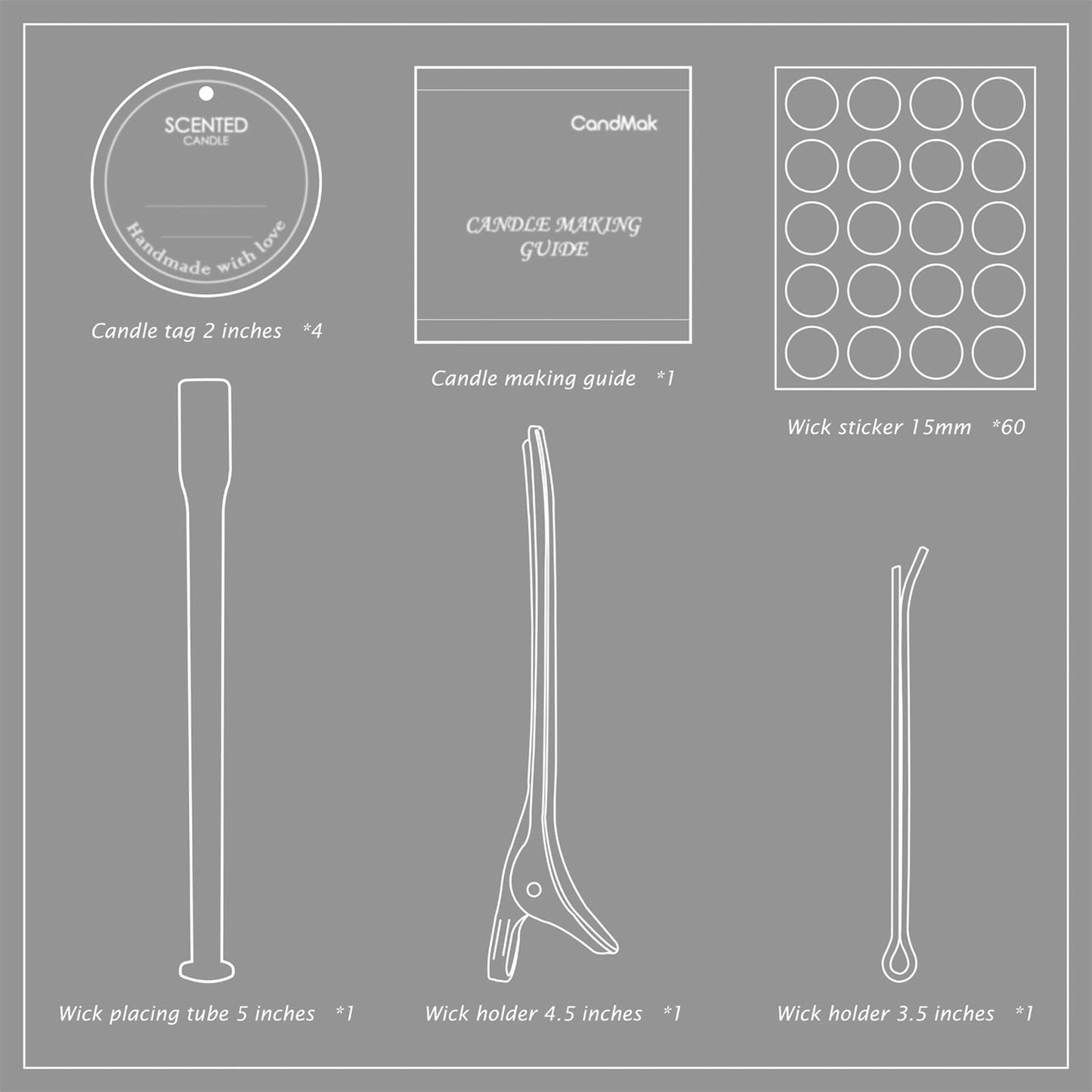 Candle Wick Kit - 60 Cotton Wicks with Candle Making Tools (Thick 4"+6"+8")