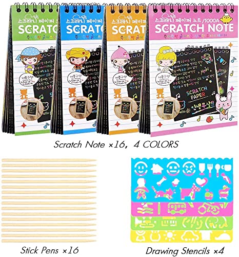 16 Pack Drawing Notebook Set, Scratch Art Paper Rainbow Mini Notes, Sketch Drawing Pad for Kids Party Favors（with 16 Wooden Stylus & 4 Drawing Stencils）
