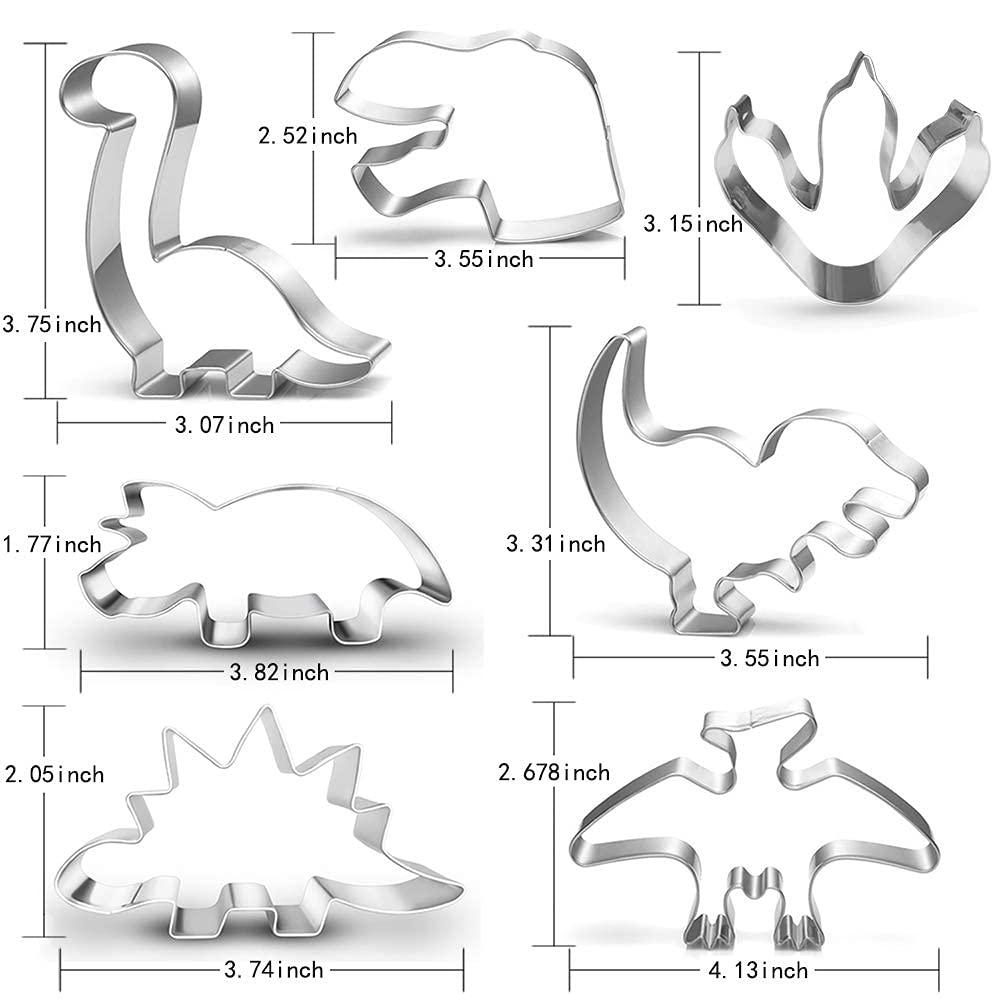 LUBTOSMN New Dinosaur Cookie Cutter Set-7 Piece-Dinosaur Footprint and Head, Tyrannosaurus(T-Rex), Brontosaurs, Spinosaurus, Triceratops, Pterodactyl, Baking Mold for Kids Dinosaur Birthday Party
