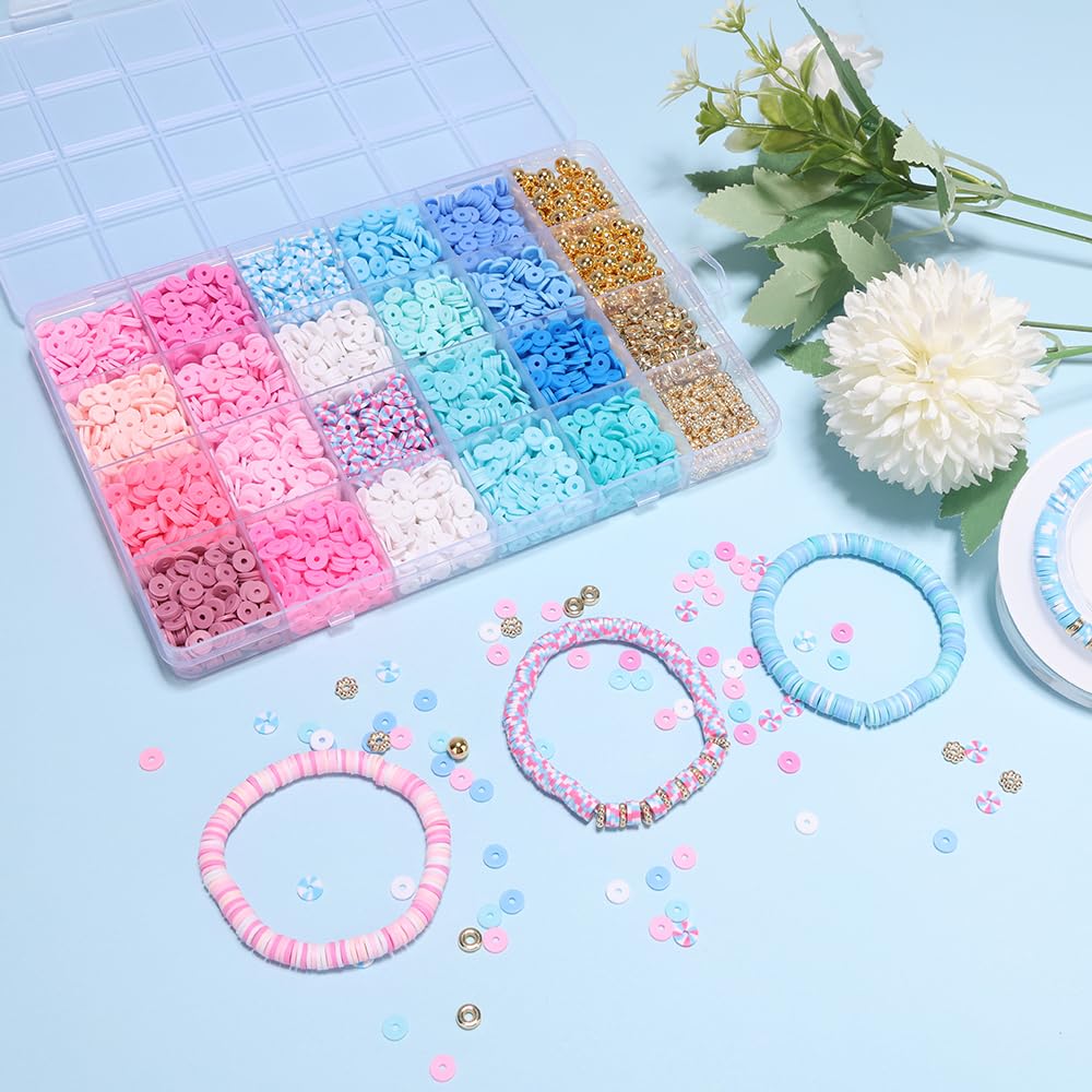 Blue Clay Bead Bracelet Kit DIY Jewelry Making Kit Clay Beads Bracelet Making Kit, Flat Preppy Beads for Friendship Bracelets, Polymer Clay Beads Crafts Gifts