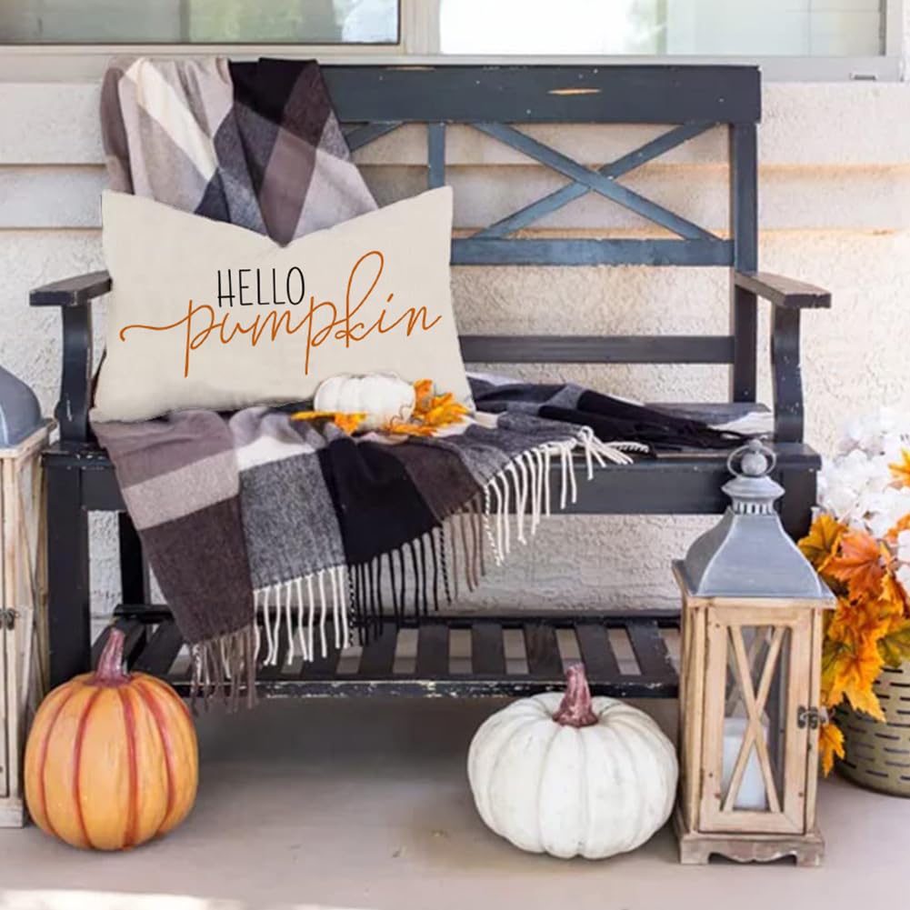 Fall Pillow Covers 12x20 Inch,Autumn Hello Pumpkin Pillows Decorative Throw Pillows,Lumbar Outdoor Thanksgiving Cushion Cover Farmhosue Fall Decor for Bedroom Couch Sofa White