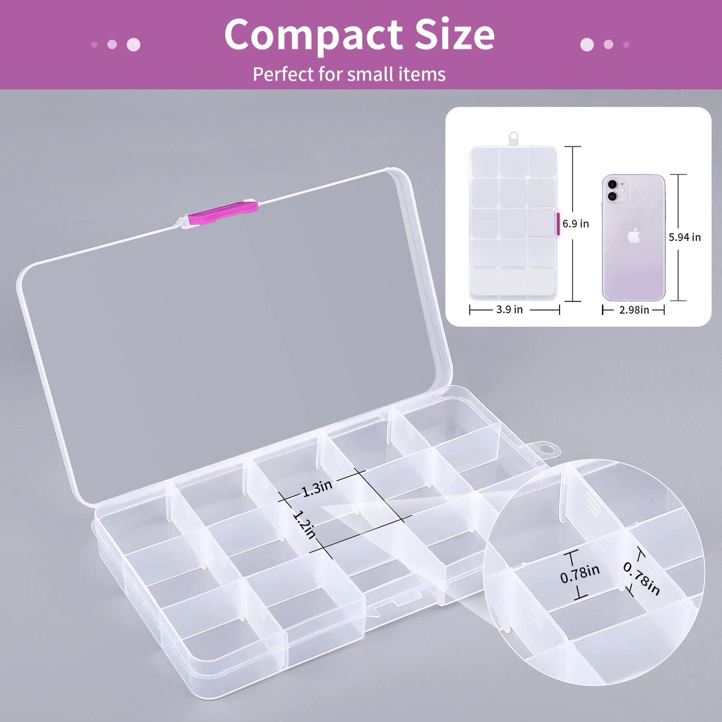 Opret Jewelry Organizer(4 Pack), SMALL Transparent Plastic Bead Organizers(15 grids) with Movable Dividers Earring Storage Containers Bead Holders, Size 6.9×3.9×0.9in