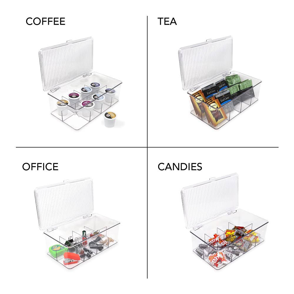 Isaac Jacobs Divided Clear Plastic Organizer (10.75” x 6.5” x 3.7”) w/Hinged Lid, Stackable Storage Box for Tea Bags, Crafts, Office Supplies, Cosmetics, Jewelry, BPA-Free, Food Safe Pantry Container