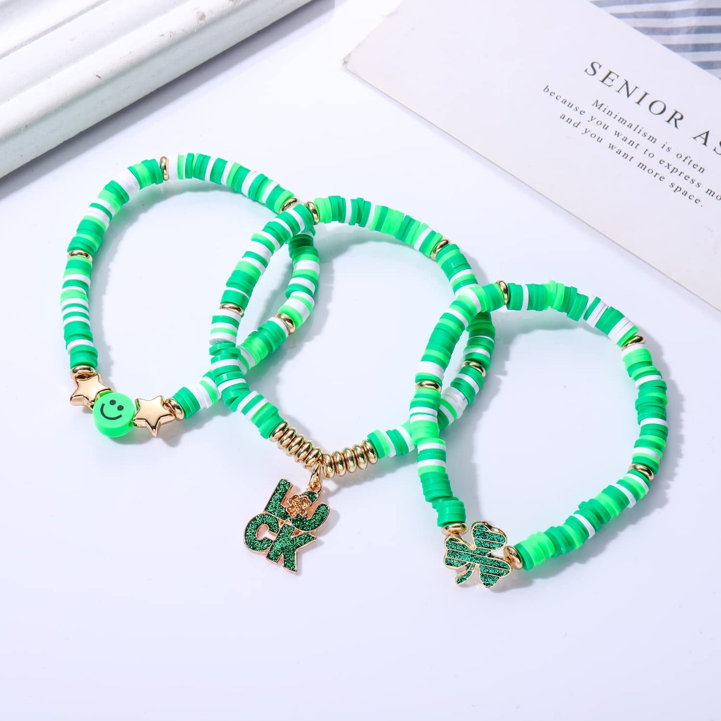 XOCARTIGE Surfer Heishi Bracelets for Women Stackable Rainbow Vinyl Disc Clay Beaded Stretch Bracelets Elastic Layering Friendship Bracelets Boho Summer Beach Jewelry (St.Patrick's Day 1)