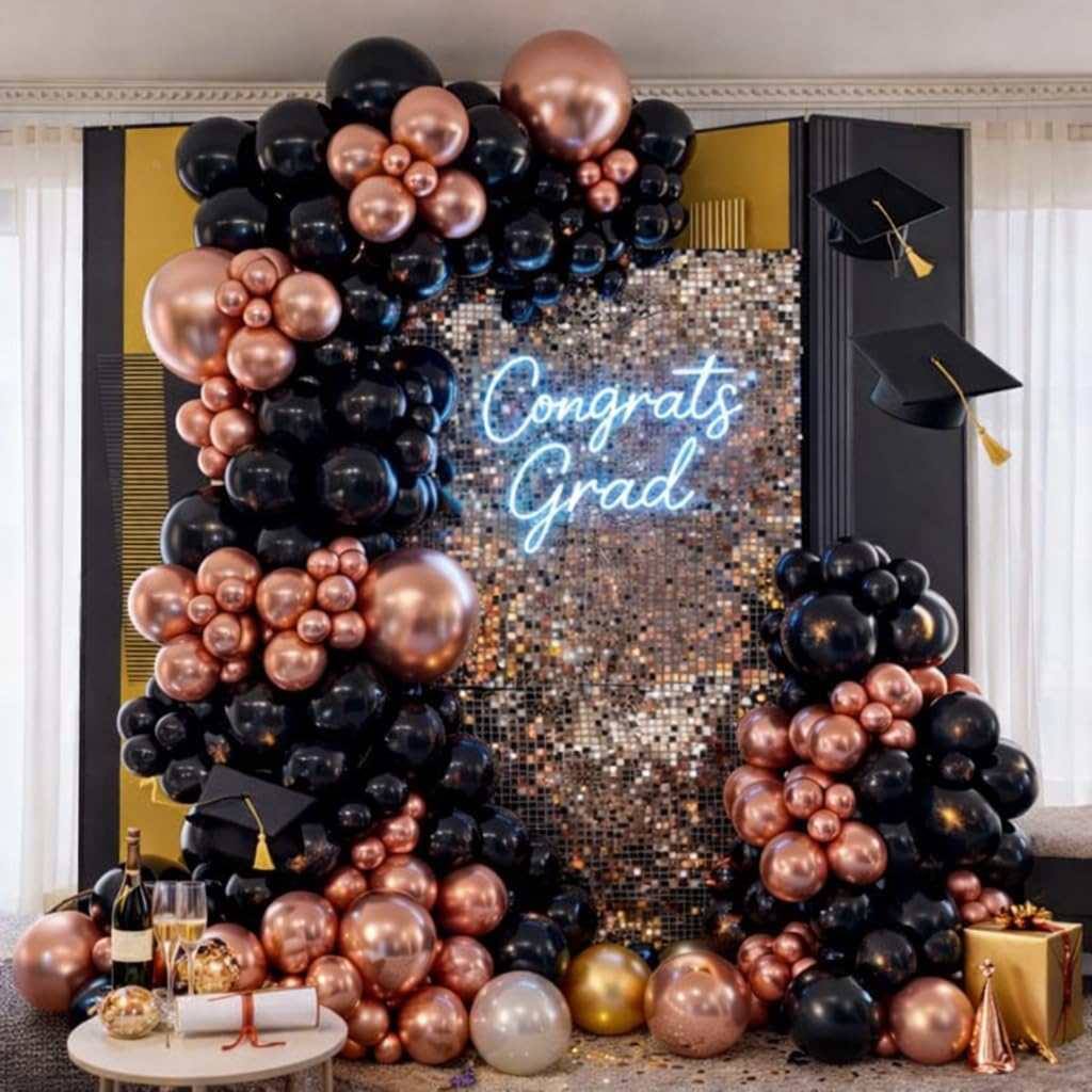 HILAVO Rose Gold and Black Balloons, 12Inch Metallic Rose Gold and Confetti Latex Balloons for Girls Women Birthday Graduation Baby Bridal Shower Party Decorations