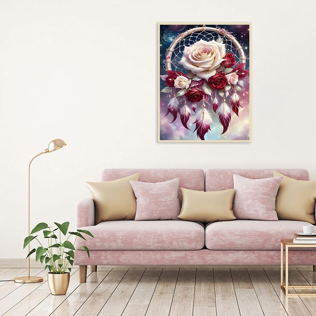 Dream Catcher Counted Cross Stitch Kits for Adults, Flowers Stamped Cross Stitch Kits for Beginners, Needlepoint Cross-Stitch Patterns Embroidery Kits Arts and Crafts for Home Decor 12×16 Inch