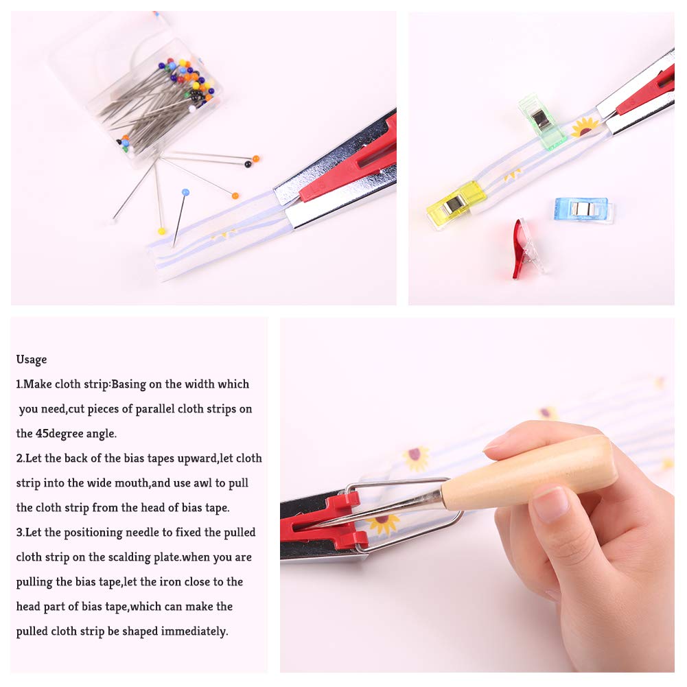 BUTUZE Fabric Bias Tape Makers Kit with Sewing Awl, Positioning Pin, Adjustable Binder Clip,Wooden Awl,Foot Press -Practical Bias Tape Maker Set for Sewing/Quilting