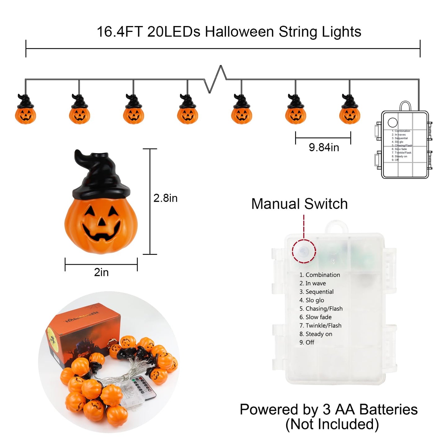 Runleo Halloween Pumpkin String Lights with Witch Hat, 20 LED 16.4FT 8 Modes Timer 3D Waterproof Orange Jack-O-Lantern Battery Operated Flickering Lights for Indoor Outdoor Decor Party Decorations