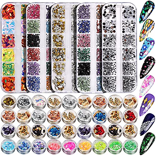 Teenitor Rhinestones for Nails, 5 Boxes Nail Art Rhinestones 36 Boxes Nail Flakes, Nail Gems Stone Nail Design Kit, Nail Rhinestones for Nail Art Nail Accessories