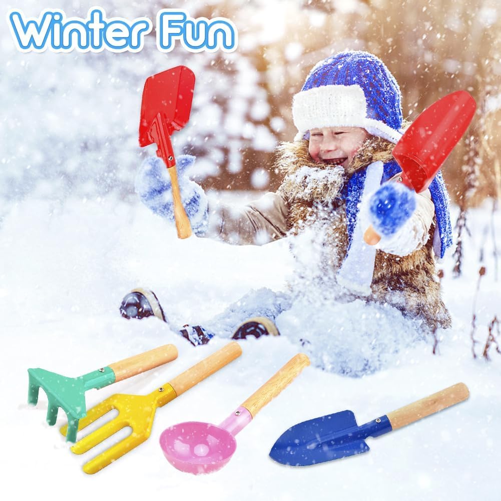 UMUACCAN Beach Toys for Kids, 6Pcs 8'' Kids Gardening Tools Sand Toys Set, Metal Garden Tools with Sturdy Wooden Handle, Cylinder, Spoon, Fork, Rake, Flat & Pointed Shovel, Gifts for Children