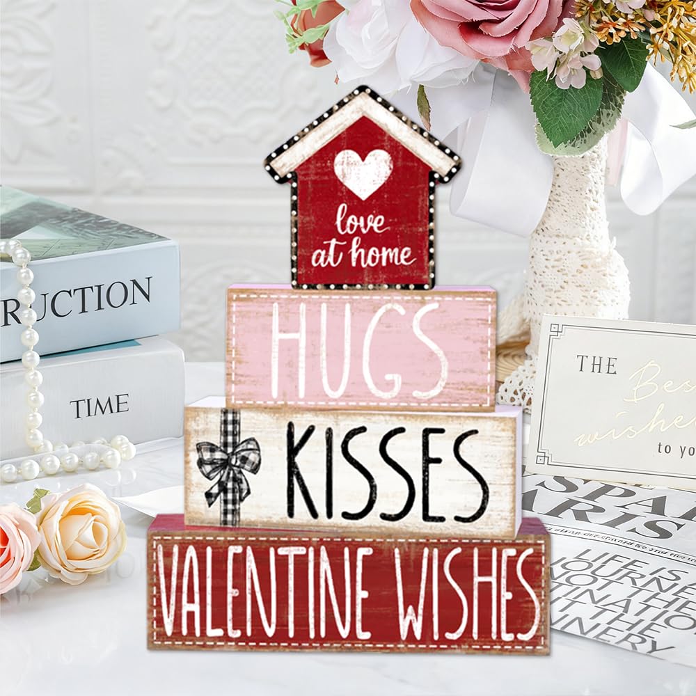4Pcs Valentine's Day Table Decoration Valentine House Wooden Block Signs Rustic Valentine Tiered Tray Decor Valentines Day Centerpiece Sign for Farmhouse Holiday Tabletop Home Party Decor