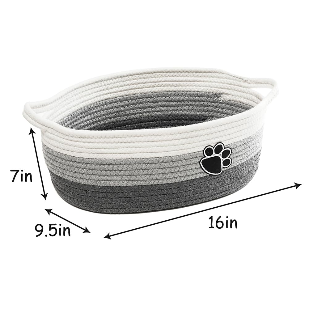 Small Woven Baskets for Organizing Rope Storage Basket with Handle Cute Cotton Basket for Nursery Gift Dog Toy Storage Bins for Toy Organizer Grey-white
