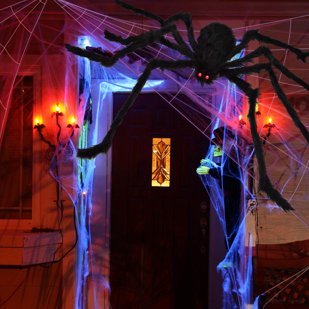 200" Halloween Spider Web + 59" Giant Spider Decorations Fake Spiders with Triangular Huge Spiders Web for Indoor Outdoor Halloween Decorations Yard