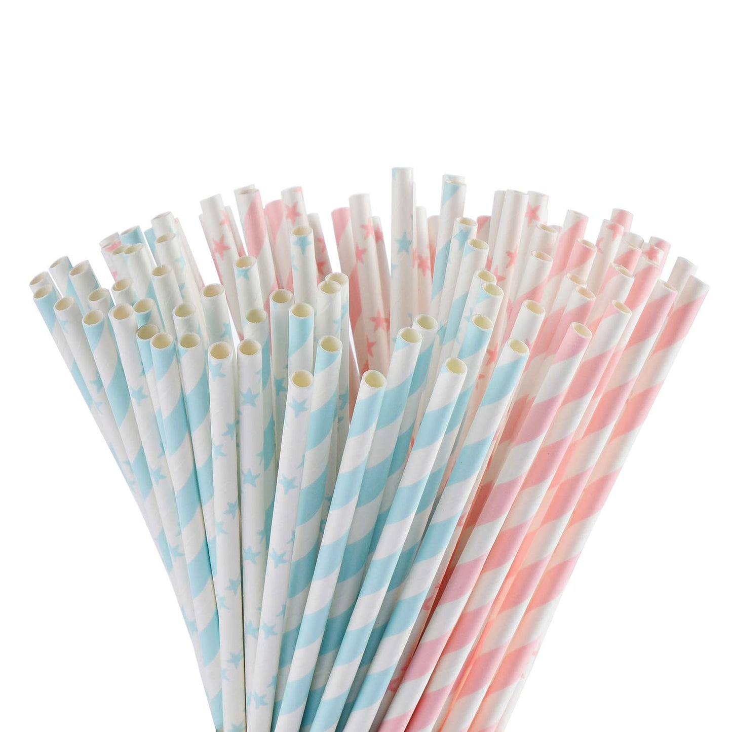 ALINK Light Pink Blue White Paper Straws Bulk, 100 Biodegradable Party Straws for Boy Girl Baby Shower, Gender Reveal, Birthday, Wedding and Celebrations
