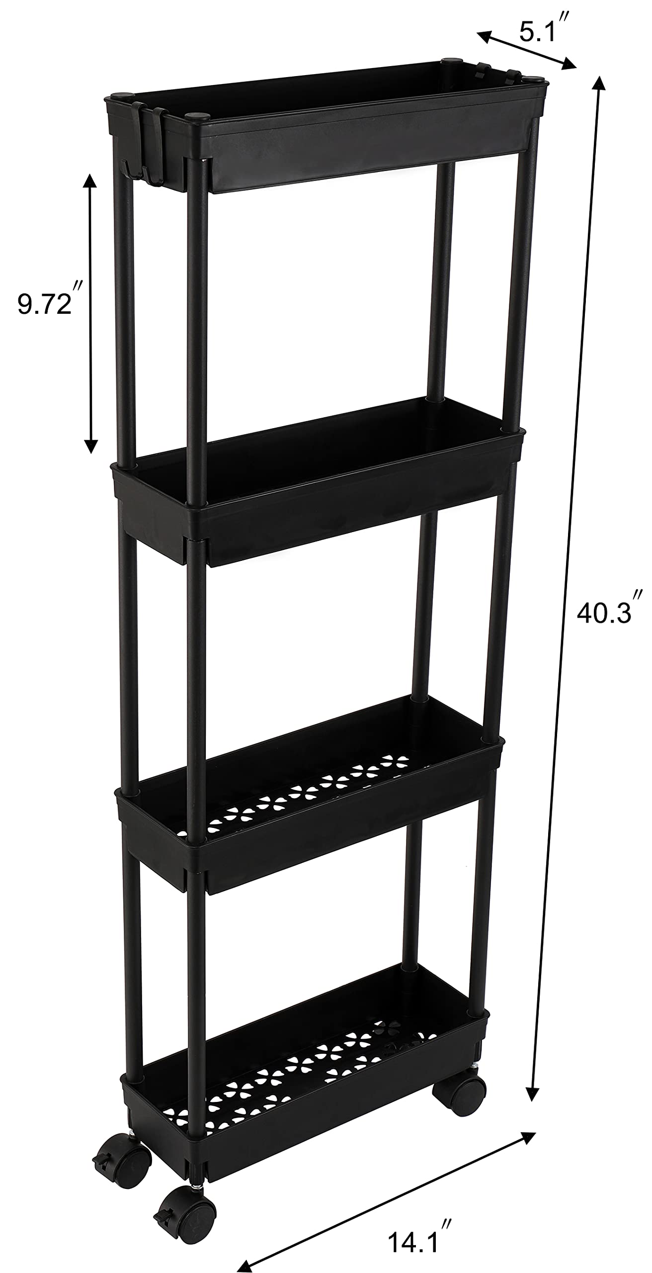 Sooyee 4 Tier Slim Storage Cart,Rolling Storage Cart,Narrow Shelf,Bathroom Rack,Mobile Shelving Unit Organizer for Kitchen, Bathroom, Laundry Room, Black