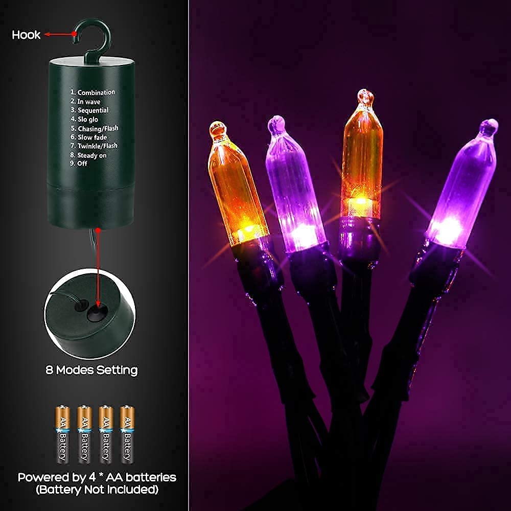 Joomer Orange Purple Halloween Lights,Battery Operated 33ft 100 LED Mini String Lights Waterproof Halloween Lights with 8 Modes & Timer Function for Halloween Decorations