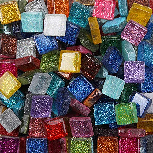 500g/1.1lb 110pcs Glass Mosaic Tiles,Mixed Colour Glass Mosaic Tiles for Crafts，Square Mosaic Tiles for Home Decoration or DIY Crafts,Shine Crystal MosaicTiles (Glitter Mixed Color, 0.78 inch)