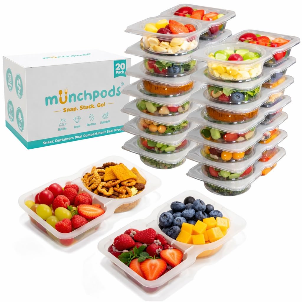 Munchpods Reusable Snack Containers with Lids 20 Pack (40 Pieces) Portion control, Snack Pack Containers 2 Double Compartment Snack Containers for Kids On the Go Meals, Camping Snack Tray Prep