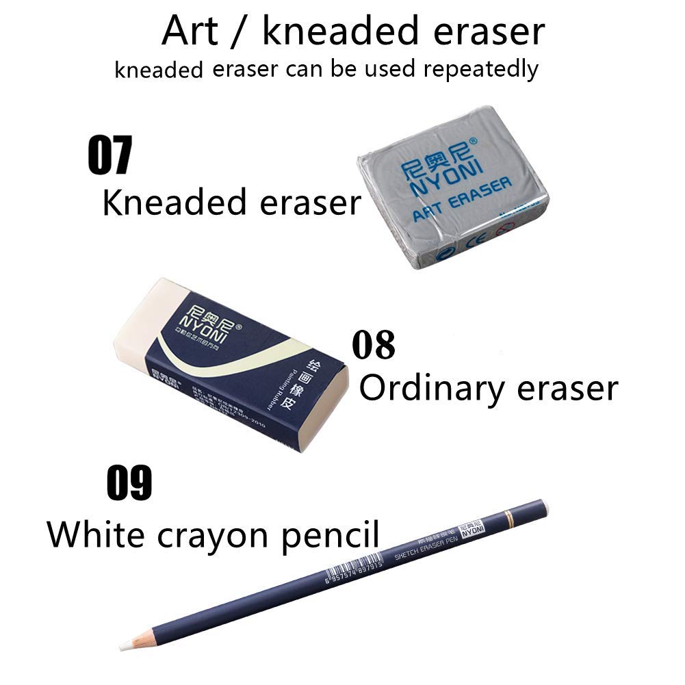 NYONI Sketching Pencils Set, Metal Box Packaging, Including Graphite Pencils、Charcoal Pencils、Blending Stumps and other tools for drawing (A set with 29pieces).