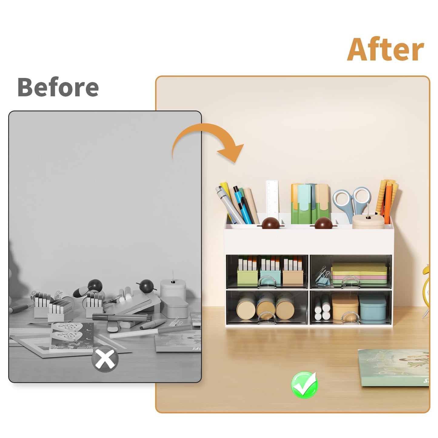 Pen Organizer with 4 Drawer, Multi-Functional Pencil Holder for Desk, Desk Organizers and Accessories with 4 Compartments + Drawer for Office Art Supplies (White)