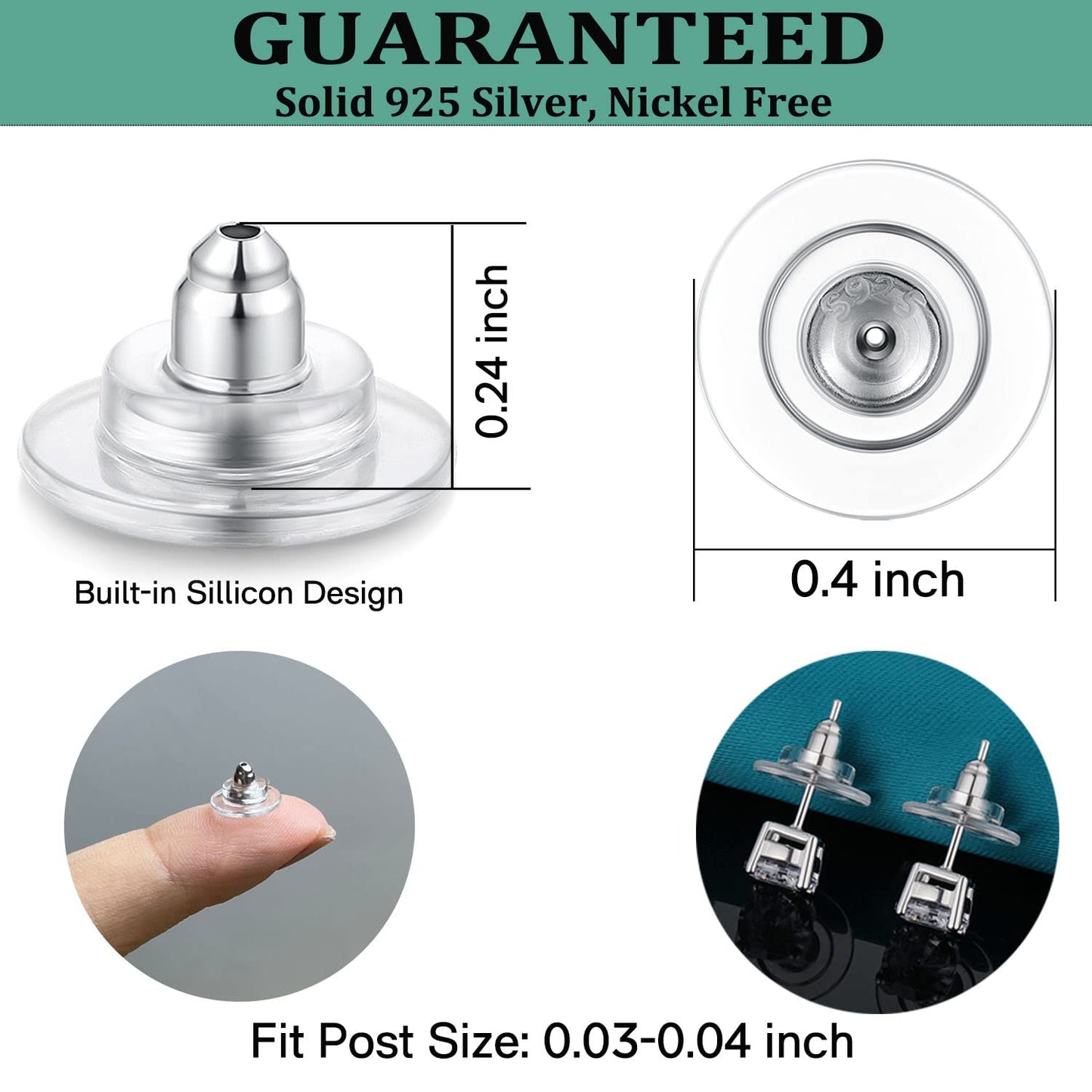 Catinee 3Pairs 925 Sterling Silver Earring Backs Replacements for Diamond Studs,14K White Gold Plated Hypoallergenic Secure Earring Backs (Silver)