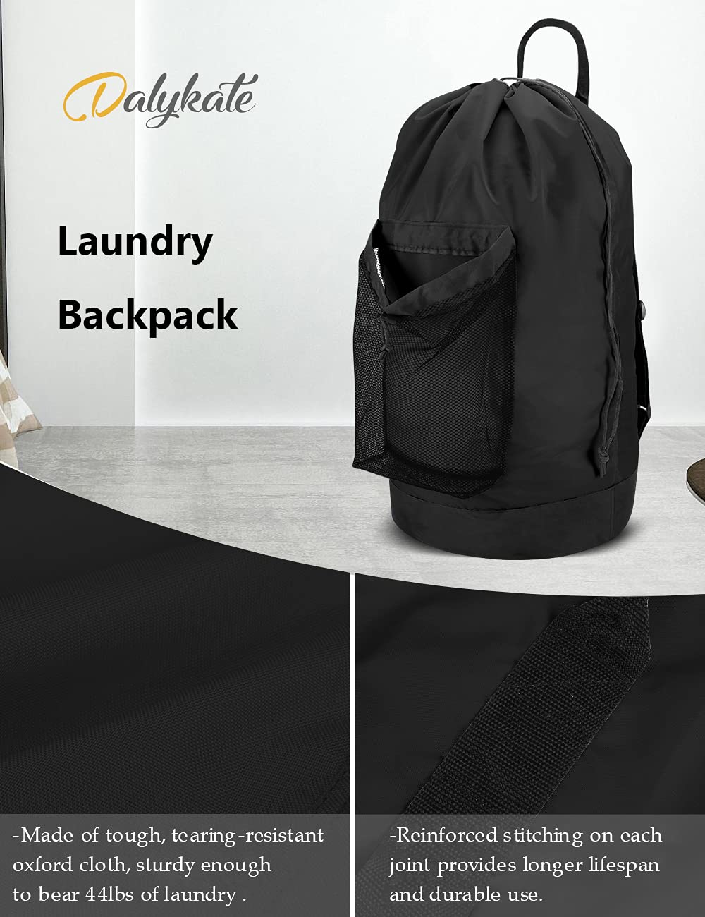 Backpack Laundry Bag, Laundry Backpack with Shoulder Straps and Mesh Pocket Durable Nylon Clothes Hamper Bag with Drawstring Closure for College, Travel, Laundromat, Apartment