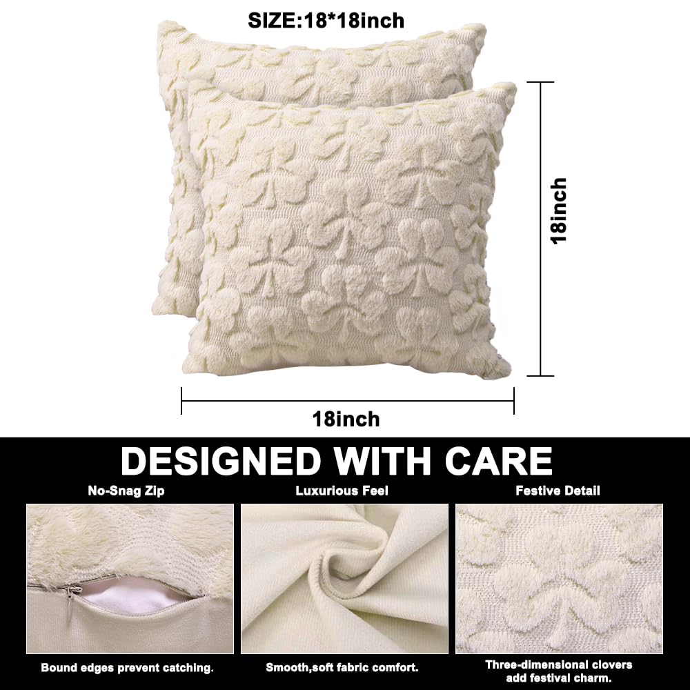 St Patrick’s Day Pillow Covers Set of 2,Beige Shamrock Irish Soft Plush Fluffy Faux Fur Jacquard Decorative St. Patrick’s Day Holiday Farmhouse Cushion Case for Sofa 18 x 18 Inch