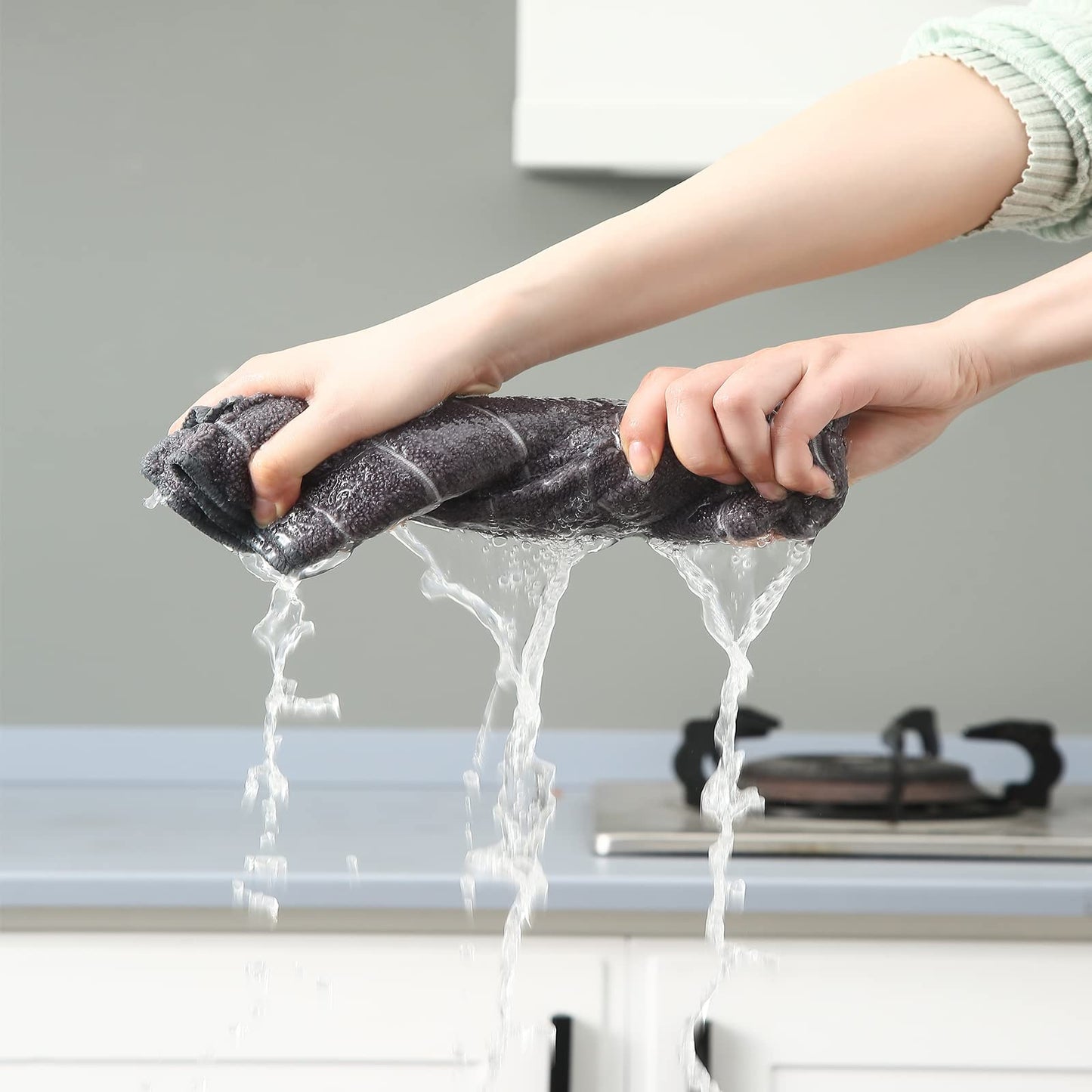 Microfiber Kitchen Towels and Dishcloths Set, 26 X 18 Inch and 12 X 12 Inch, Set of 12 Bulk Lint Free Dish Towels for Drying Dishes, Grey
