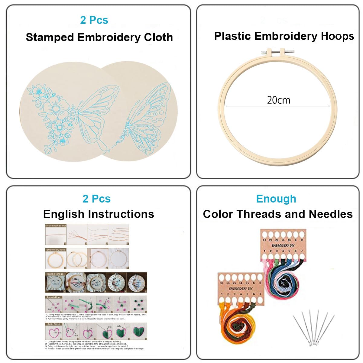 Konrisa Embroidery Kits with Butterfly Flower Pattern, Stamped Embroidery Starter Kit for Beginners Adults Needlepoint Kits Include Embroidery Fabric Embroidery Hoop Threads and Needles,Set of 2