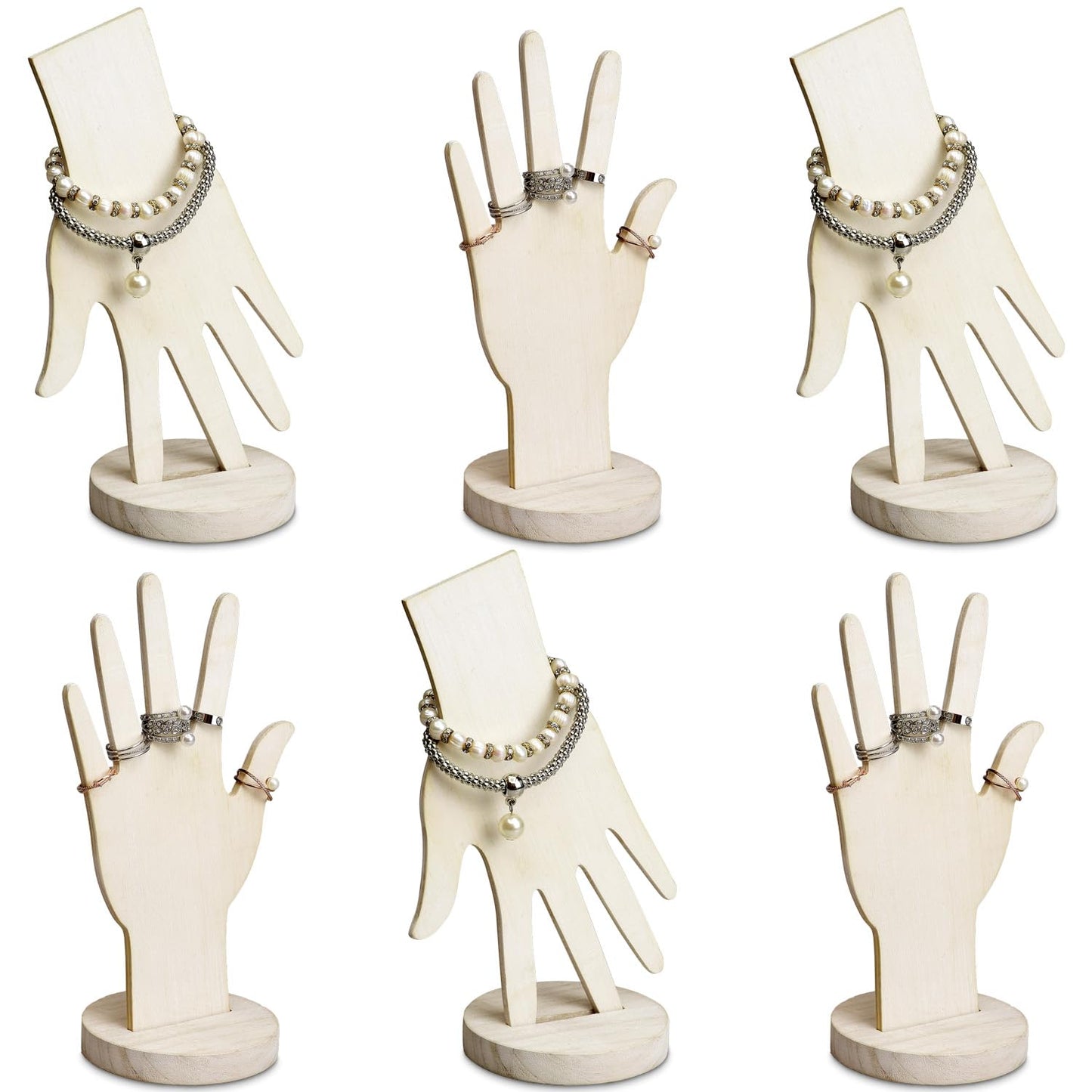 MOOCA 6 Pcs Real Wooden Hand Form Jewelry Display Set, 2 Way Design for Wall Hanging or Standalone Mannequin Finger Hand Display, Premium Real Wood Sturdy Base, Wash White Color